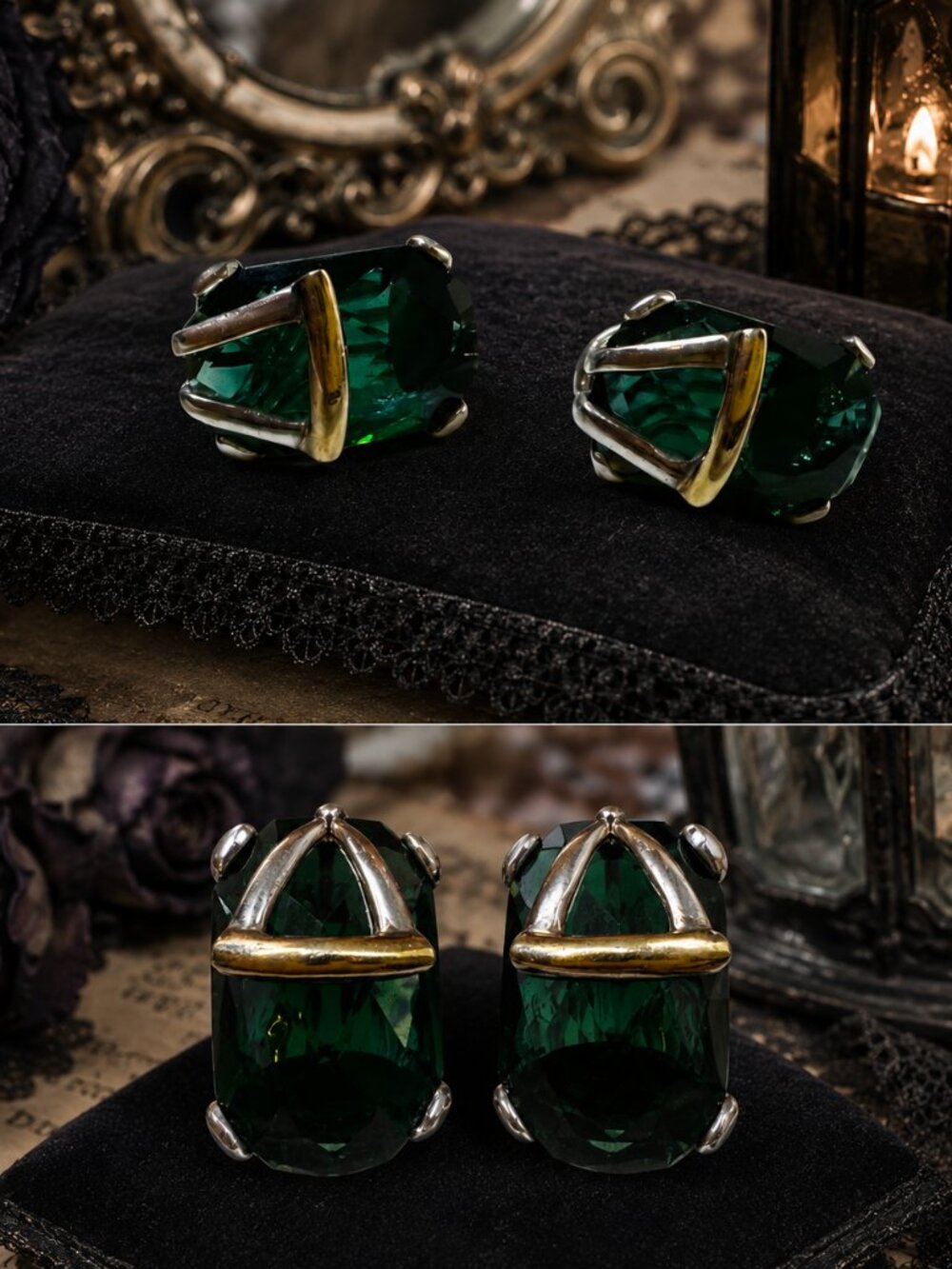 925 Sterling Silver Green Stone Earrings 18K Gold Accent Statement